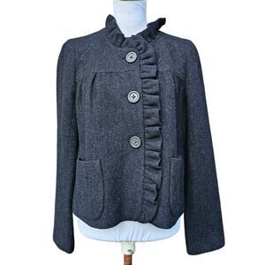 J.Crew Fiona Wool Tweed Ruffle Blazer Jacket Gray Charcoal Size 6 Pockets Preppy